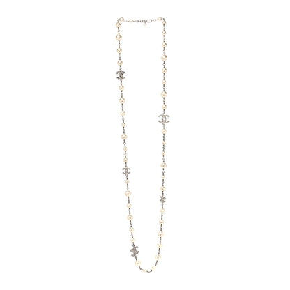 Chanel Graduated Pearl Crystal CC Long Necklace Silver 3 of 5