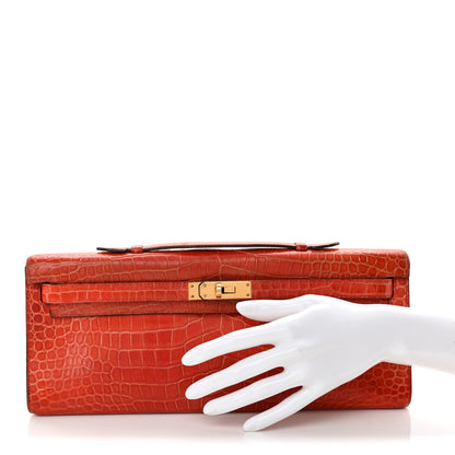 Hermes Shiny Porosus Crocodile Kelly Cut Pochette Orange Poppy 2 of 15