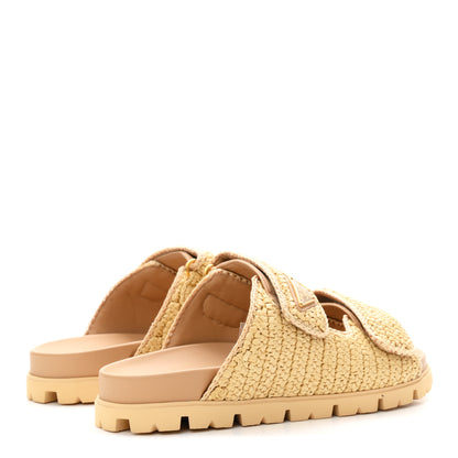 Prada Raffia Calfskin Crochet Metal Triangle Logo Womens Double Buckle 20mm Slide Sandals 38 Naturale 5 of 10