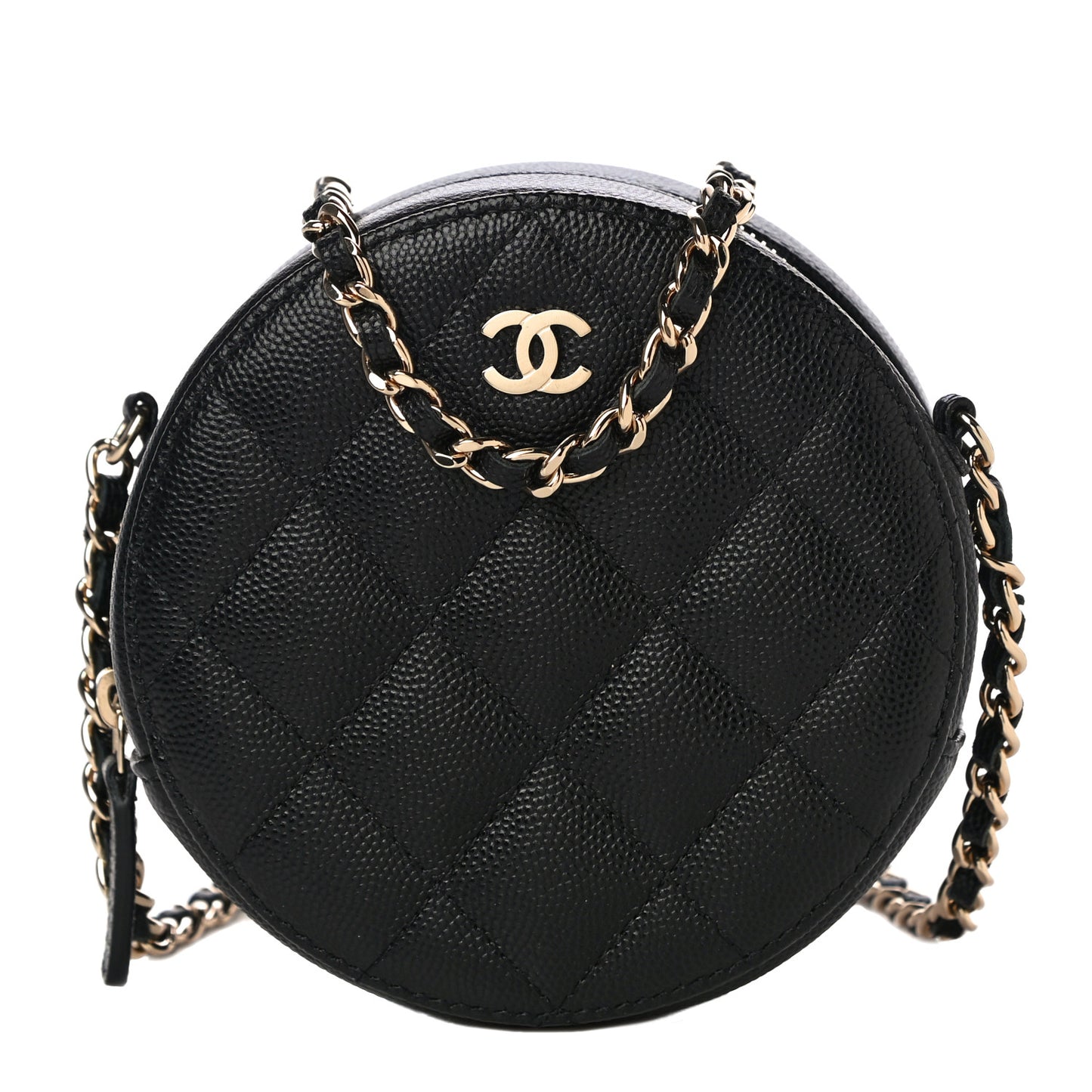 Caviar Quilted Round Clutch With Chain Black