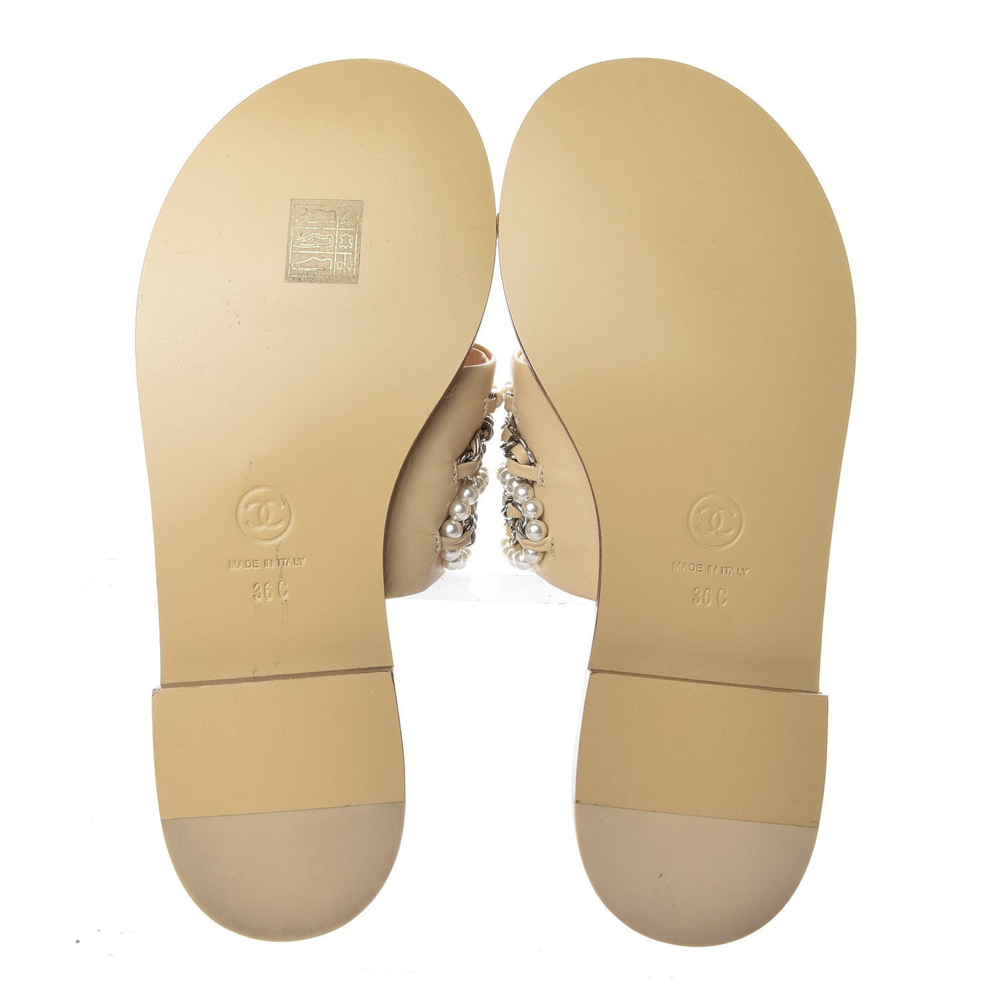 Pearl Lambskin Chain Flat Sandals 36 Beige