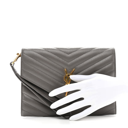 Saint Laurent Grain De Poudre Matelasse Chevron Monogram Envelope Clutch Fog 2 of 8
