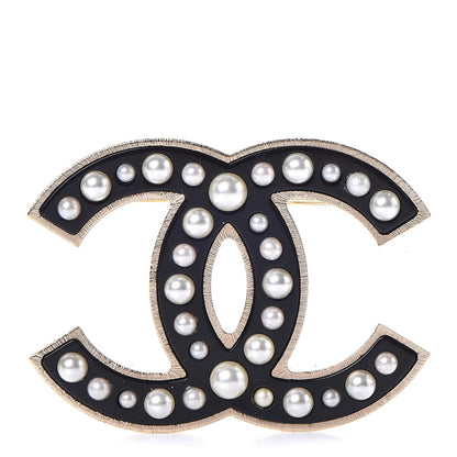 Chanel Pearl Enamel CC Brooch Black Gold 1 of 5