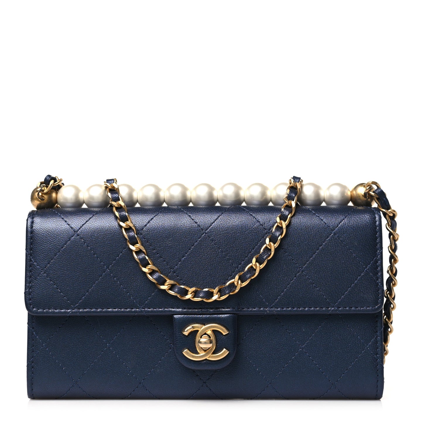 Goatskin Quilted Chic Pearls Clutch With Chain Navy