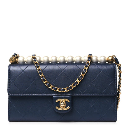 Chanel Goatskin Quilted Chic Pearls Clutch With Chain Navy 1 of 13
