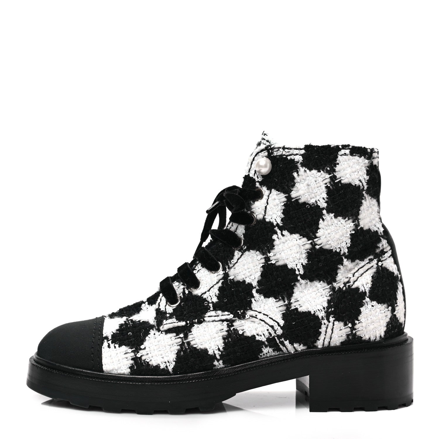 Chanel Tweed Grosgrain Pearl Combat Short Boots 39 White Black 1 of 7