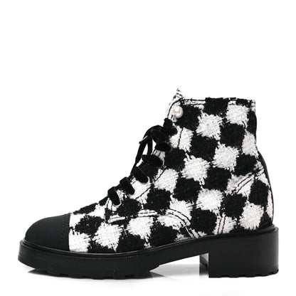 Chanel Tweed Grosgrain Pearl Combat Short Boots 39 White Black 1 of 7