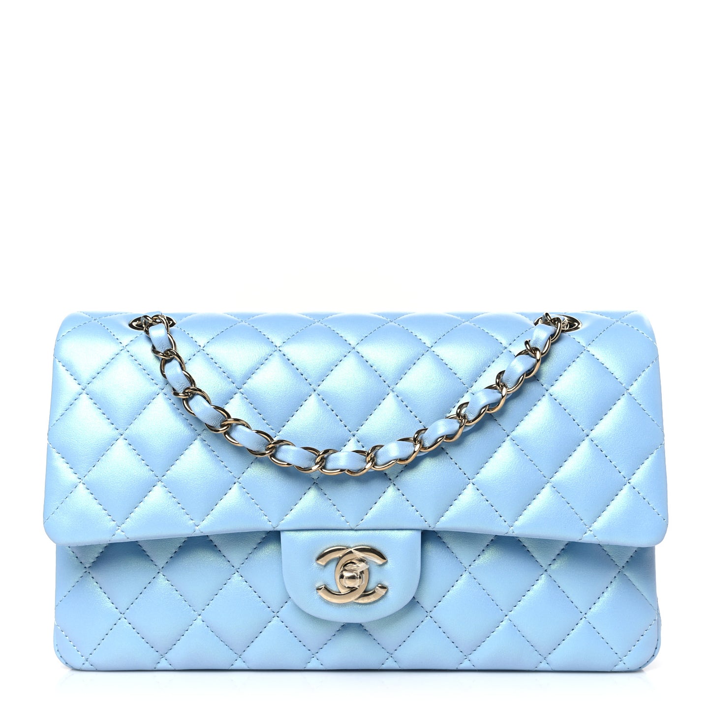 Iridescent Lambskin Quilted Medium Double Flap Light Blue