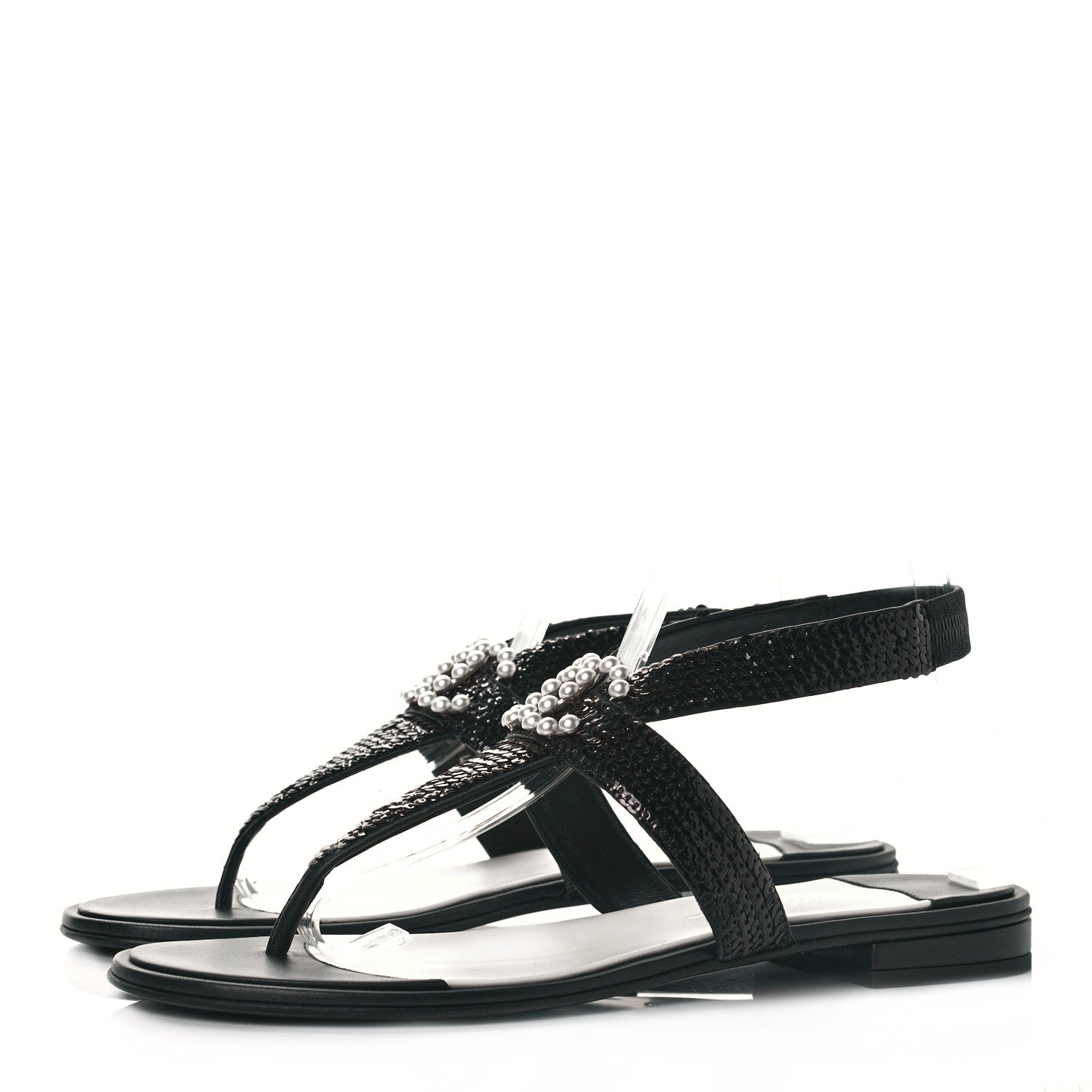 Chanel Lambskin Sequin Pearl CC Thong Sandals 41 Black 3 of 9