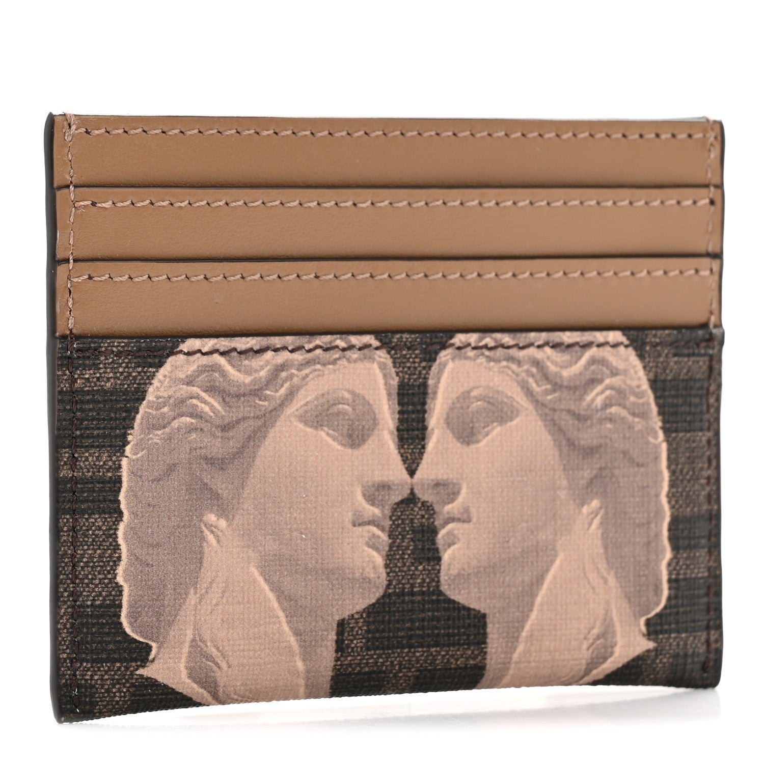 Fendi Glazed Fabric Vitello FF 1974 Statue Card Holder Moro Sand