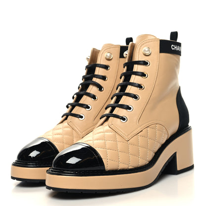 Chanel Lambskin Patent Calfskin Quilted Lace Up Boots 38.5 Beige Black 3 of 9