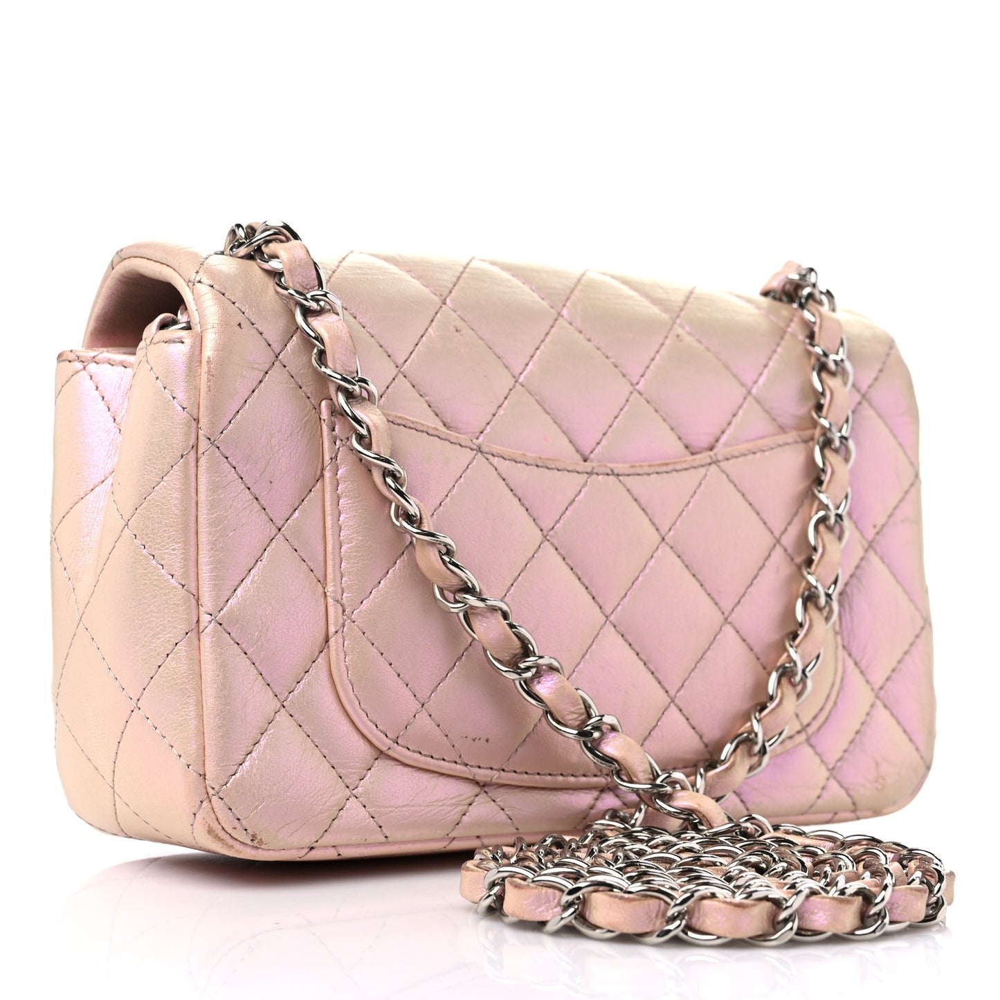 Iridescent Calfskin Quilted Mini Rectangular Flap Pink