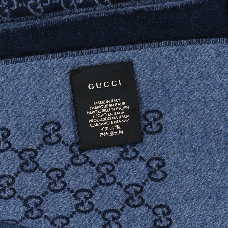 Gucci Wool GG Monogram Sogi Fringe Scarf Periwinkle Sky Blue 4 of 4