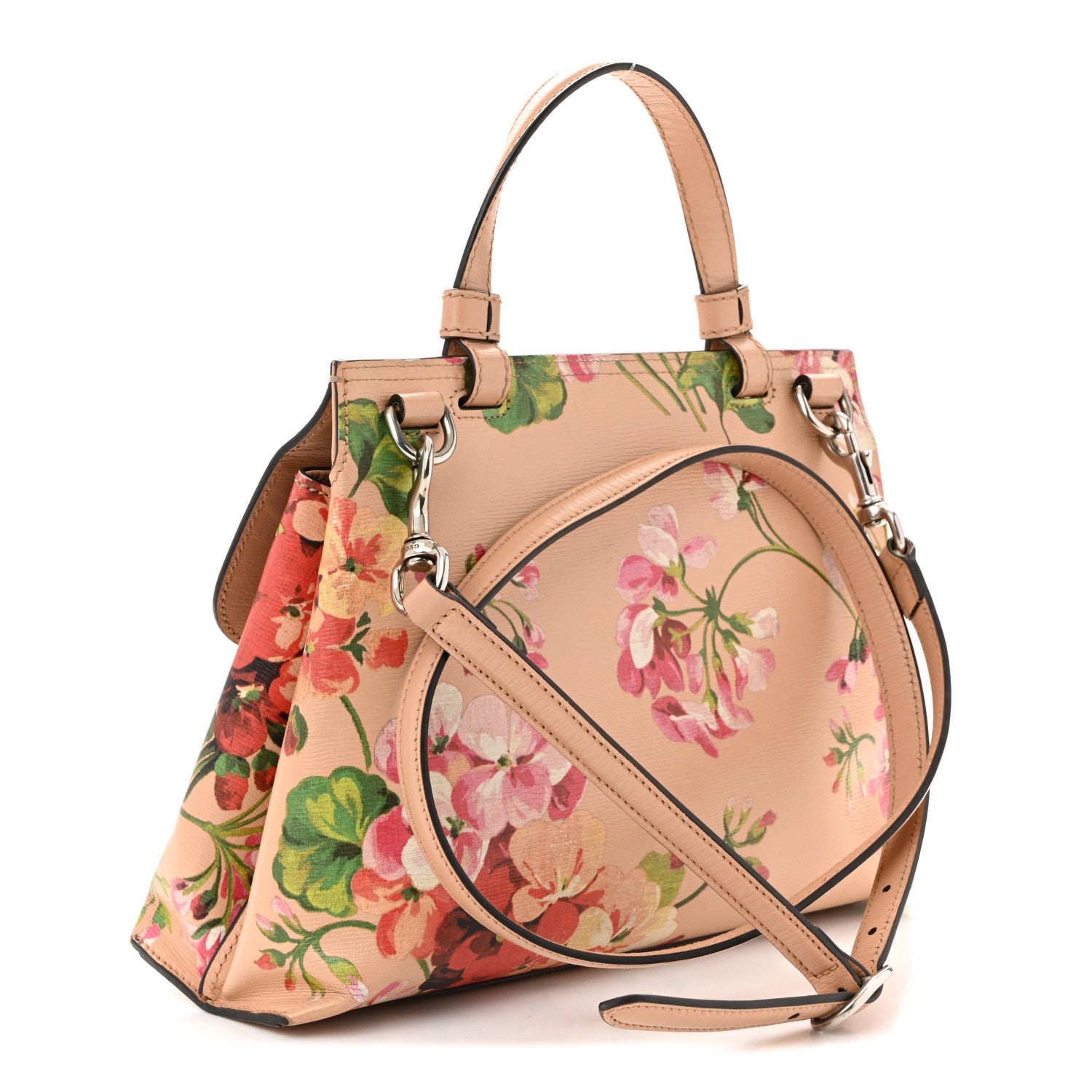 Gucci Shangai Calfskin Blooms Print Small Bamboo Daily Top Handle Bag Pink Apricot Multicolor 3 of 12