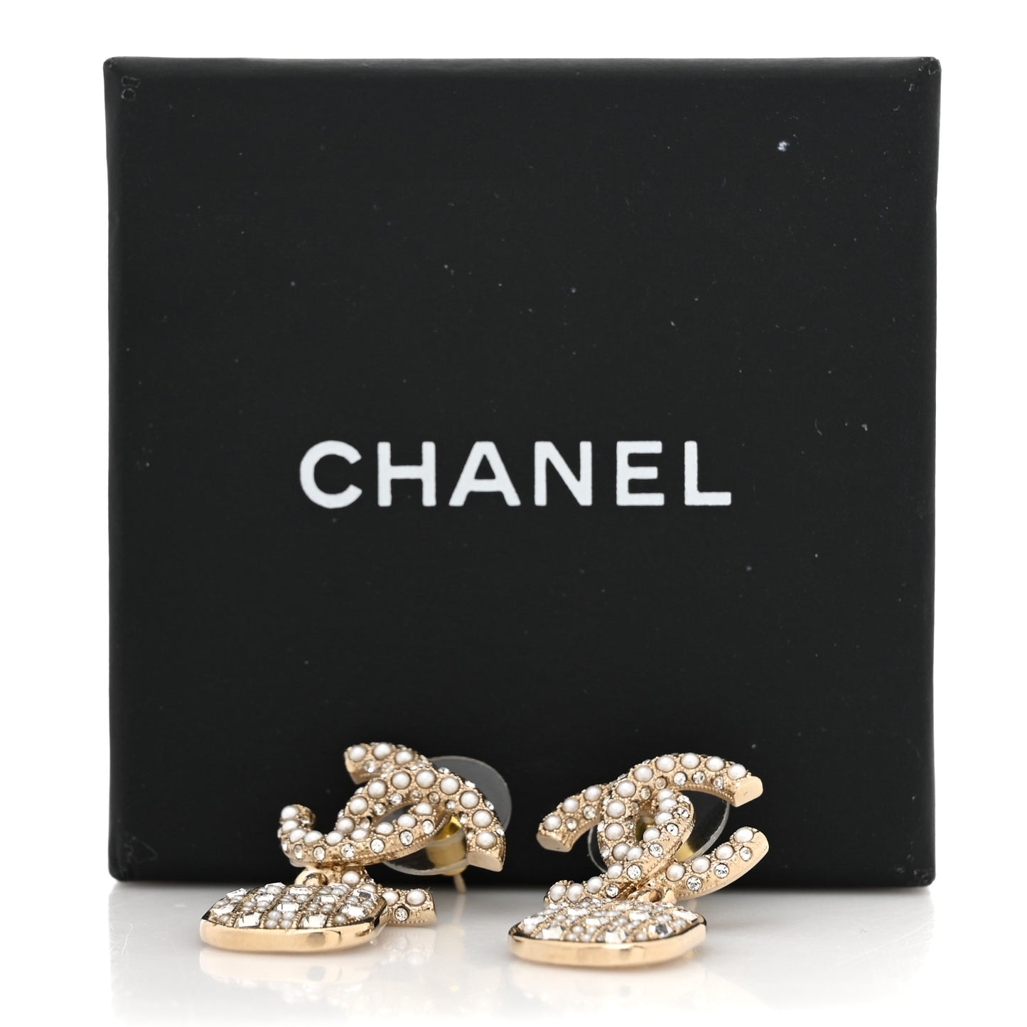 Pearl Baguette Crystal CC Drop Earrings Gold