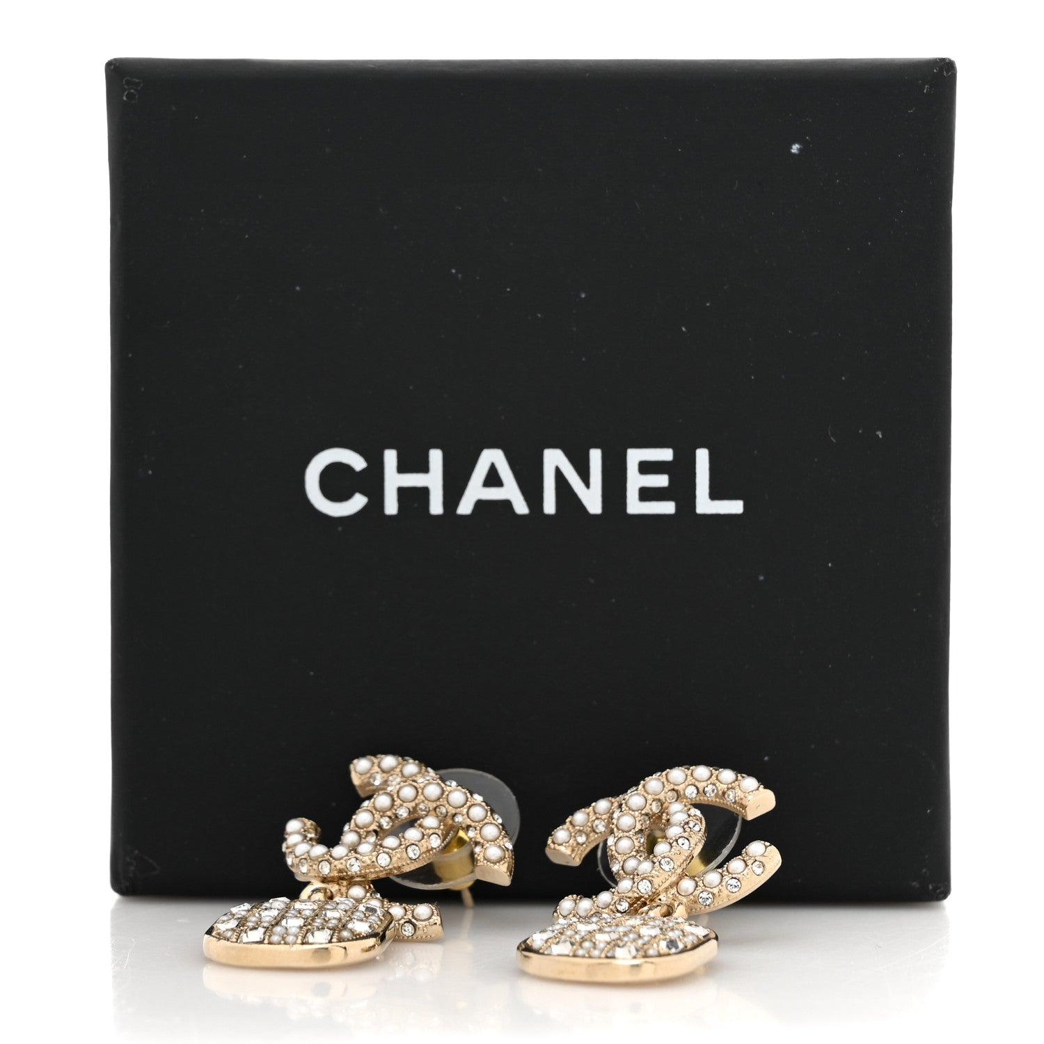 Chanel Pearl Baguette Crystal CC Drop Earrings Gold 5 of 5