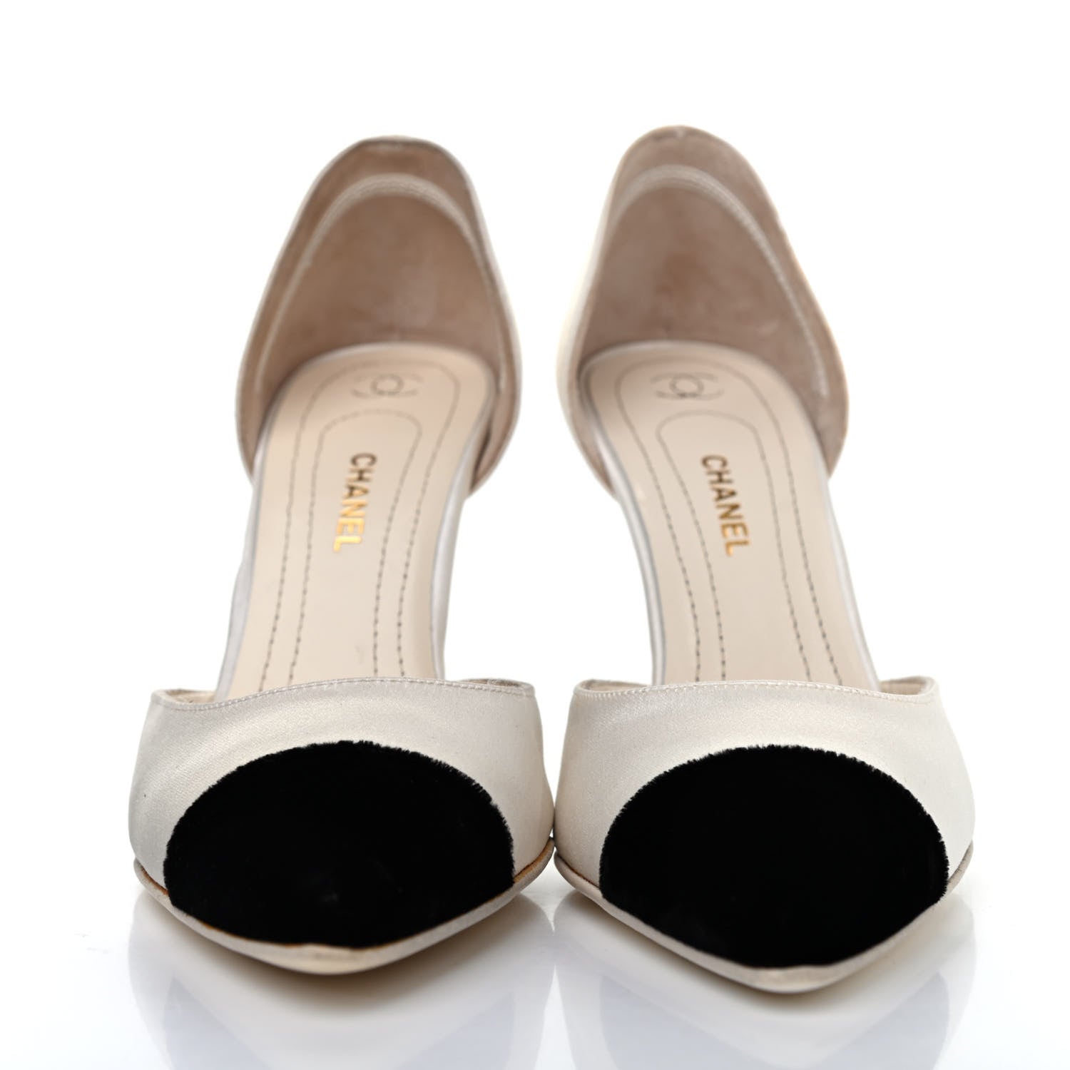 Chanel Satin Cap Toe Matchstick d'Orsay Pumps 38 White Black