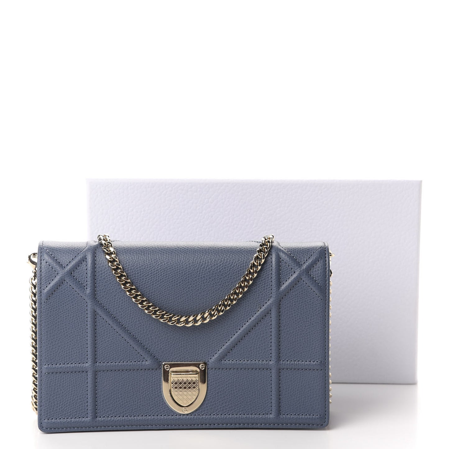 Grained Calfskin Diorama Wallet on Chain Pouch Denim Blue