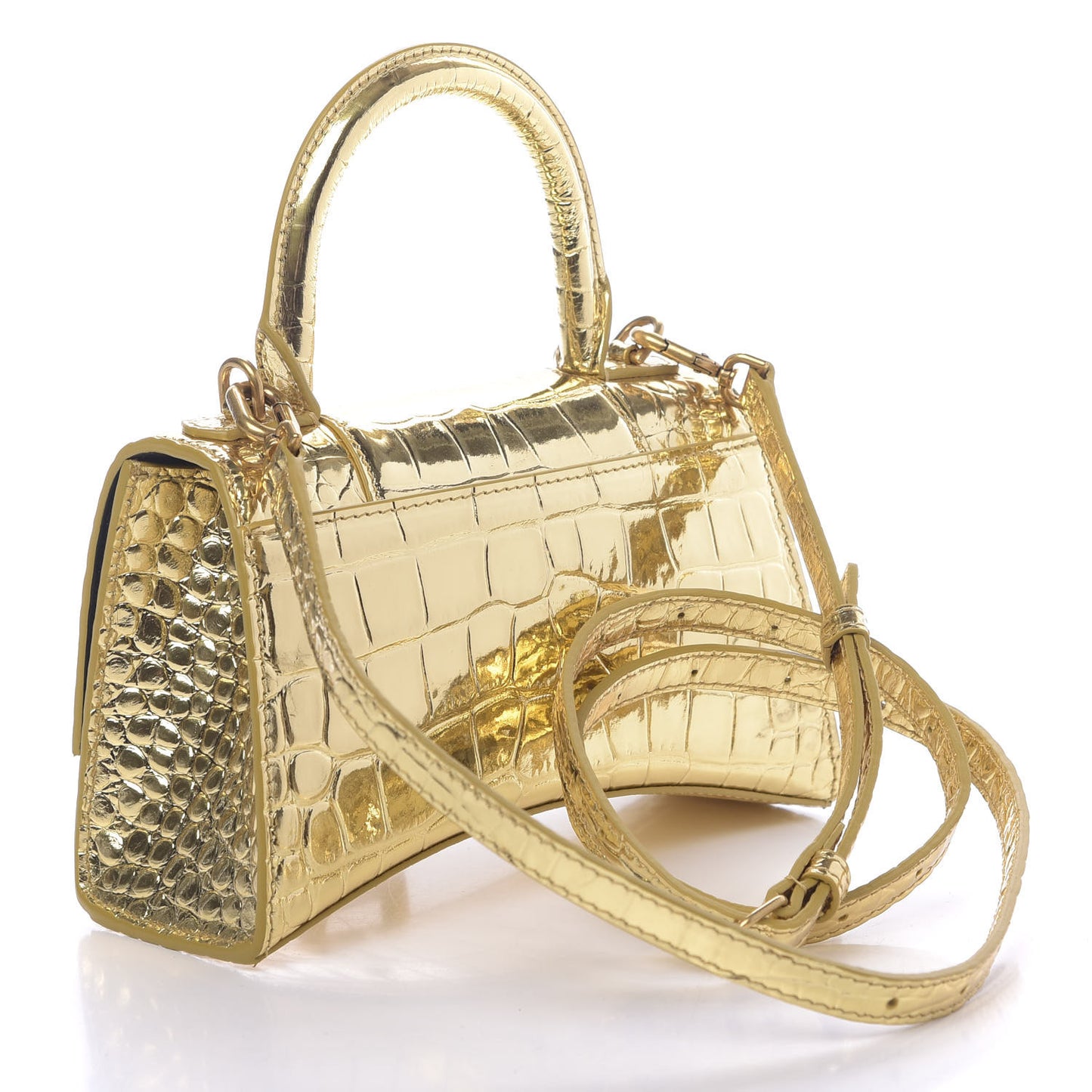 Metallic Calfskin Crocodile Embossed Hourglass Top Handle Bag XS Gold