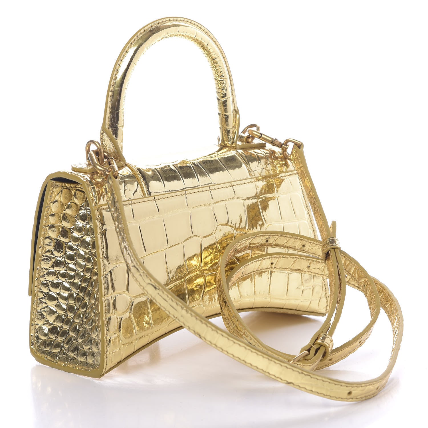 Balenciaga Metallic Calfskin Crocodile Embossed Hourglass Top Handle Bag XS Gold 3 of 11