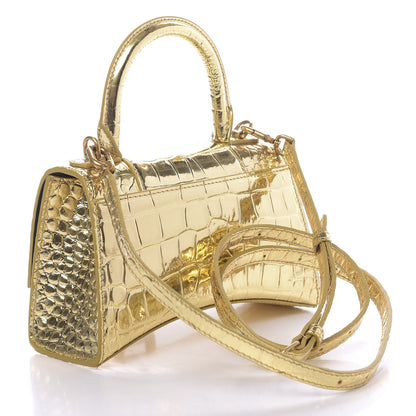 Balenciaga Metallic Calfskin Crocodile Embossed Hourglass Top Handle Bag XS Gold 3 of 11