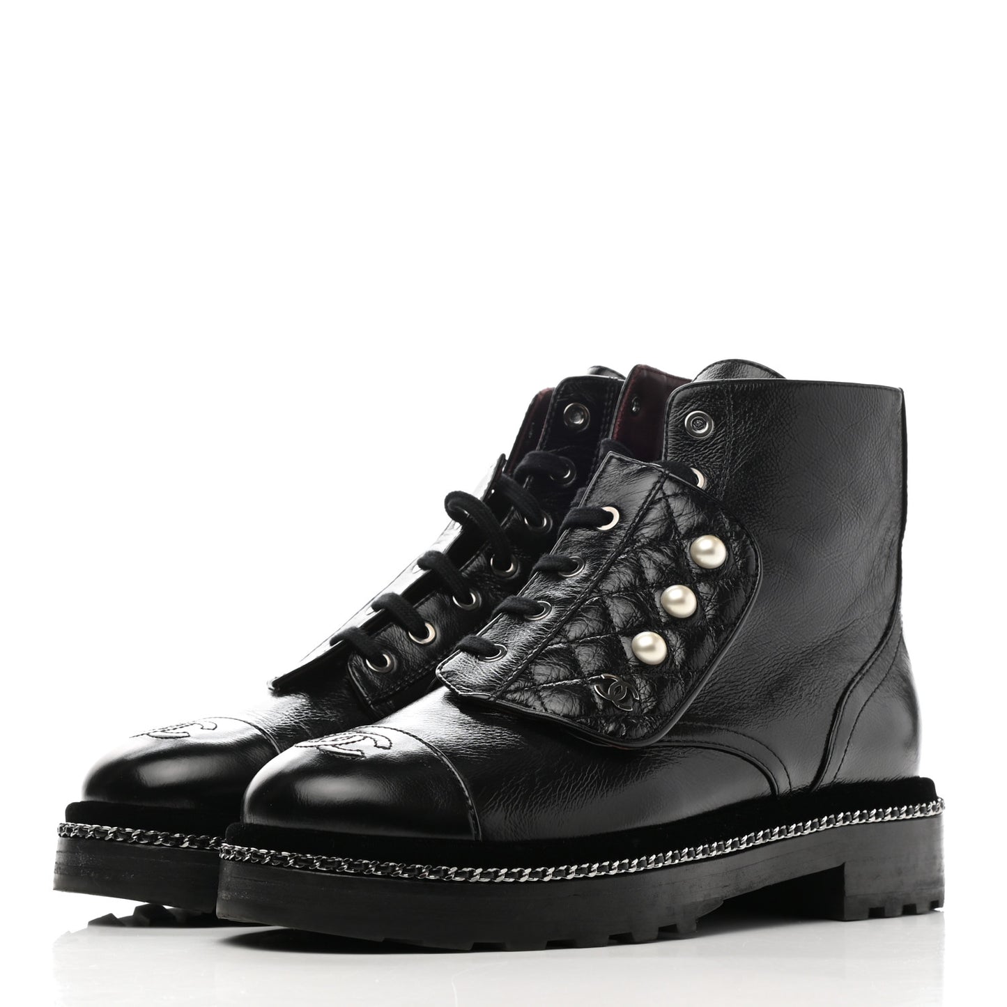 Crackled Calfskin Velvet Pearl Combat Short Boots 39.5 Black