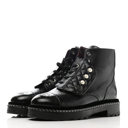 Chanel Crackled Calfskin Velvet Pearl Combat Short Boots 39.5 Black 3 of 8