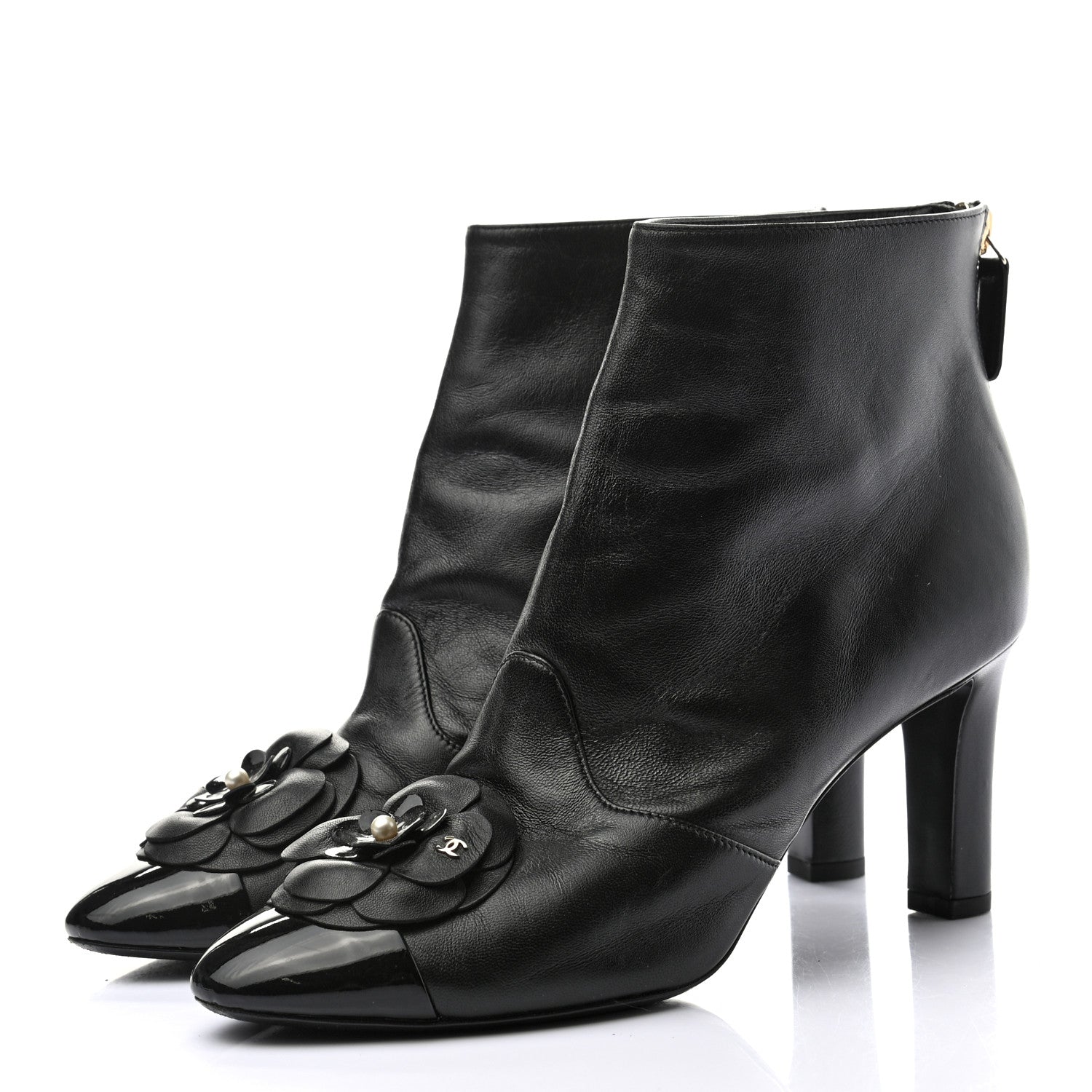 Chanel Lambskin Patent Cap Toe Pearl Camellia CC Short Boot 37.5 Black 3 of 8