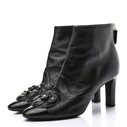 Chanel Lambskin Patent Cap Toe Pearl Camellia CC Short Boot 37.5 Black 3 of 8