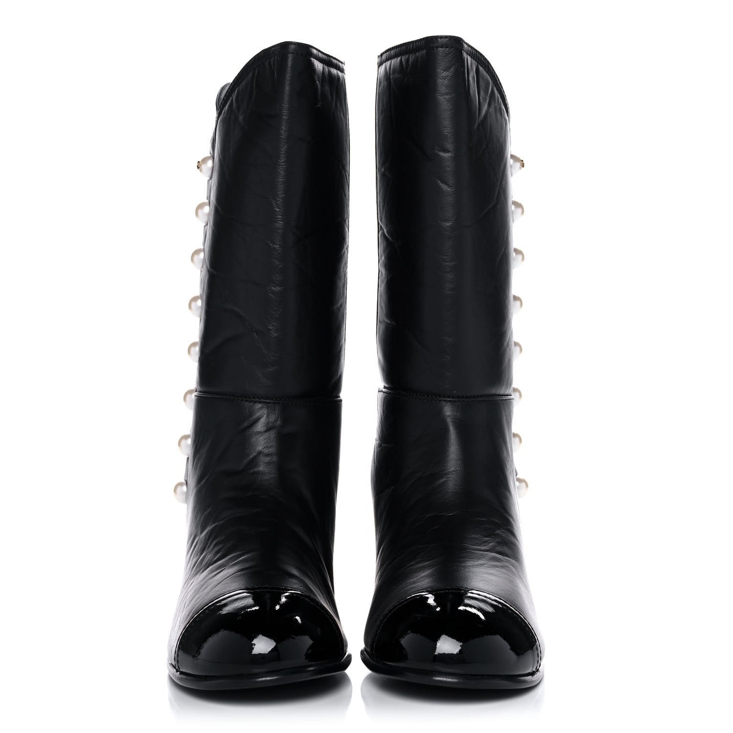 Calfskin Patent Pearl Cap Toe Boots 42 Black