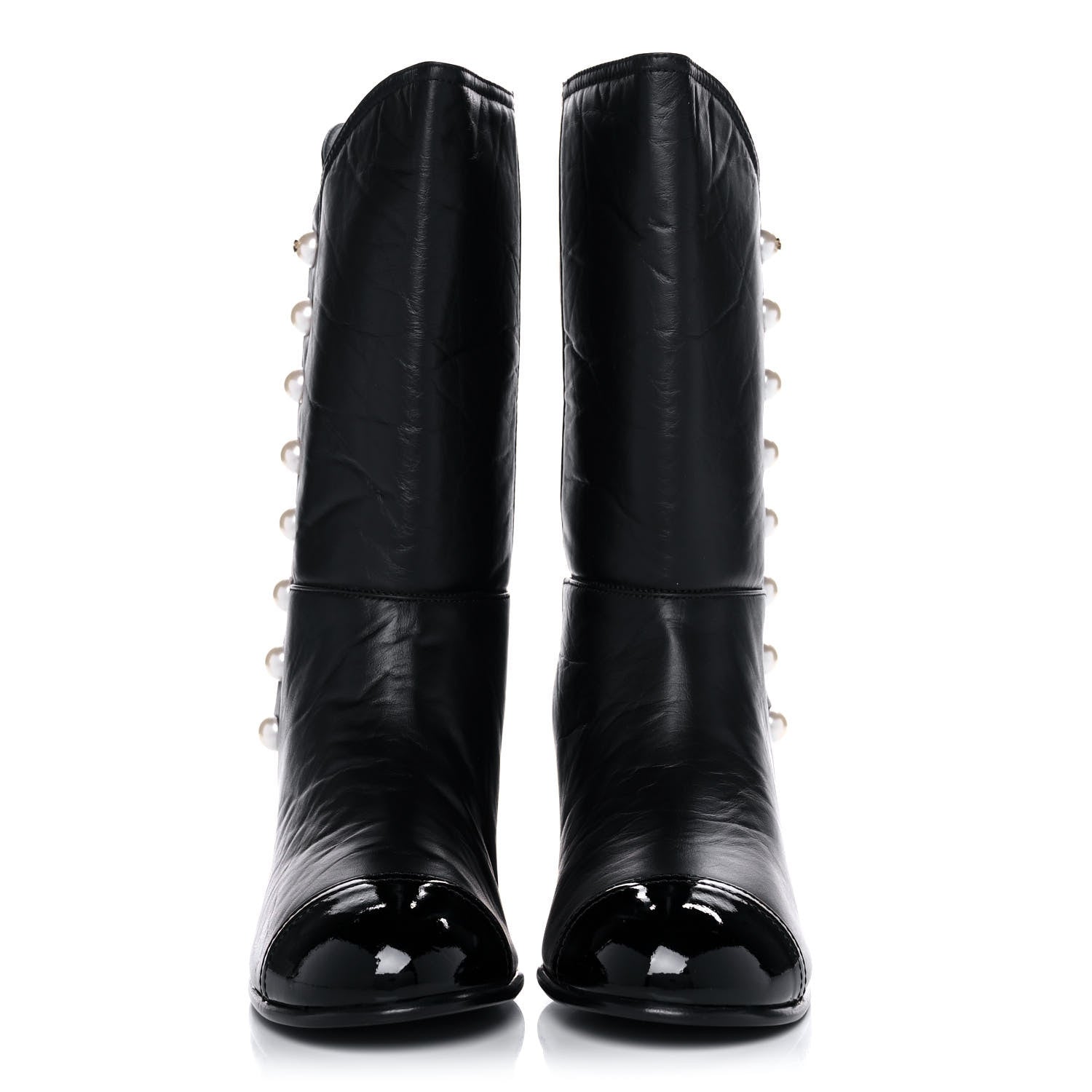Chanel Calfskin Patent Pearl Cap Toe Boots 42 Black 2 of 9
