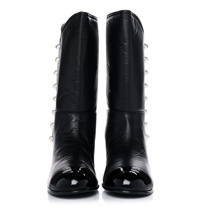 Chanel Calfskin Patent Pearl Cap Toe Boots 42 Black 2 of 9