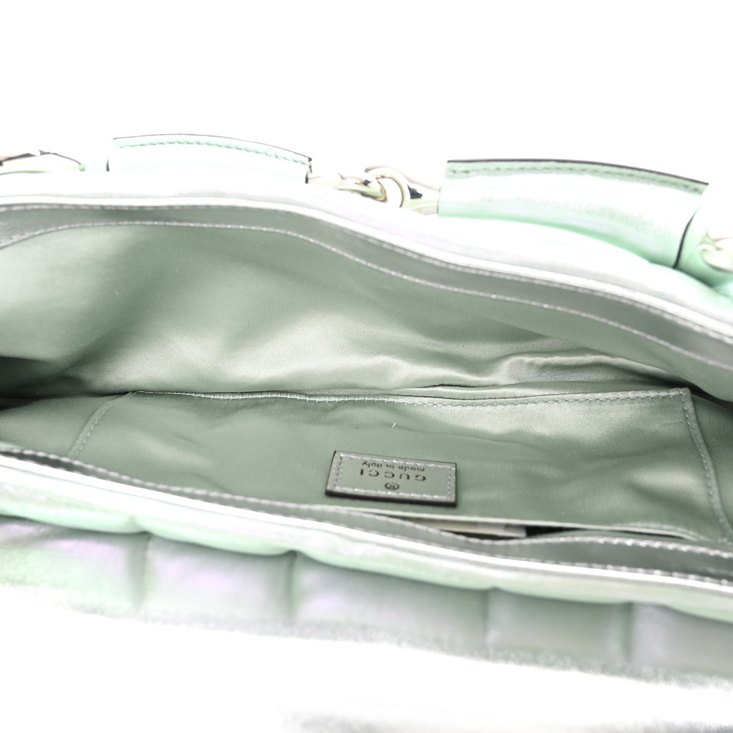 Gucci Iridescent Nappa Vertical Matelasse Medium Maxi Horsebit Chain Shoulder Bag Iridescent Salvy Green 5 of 10