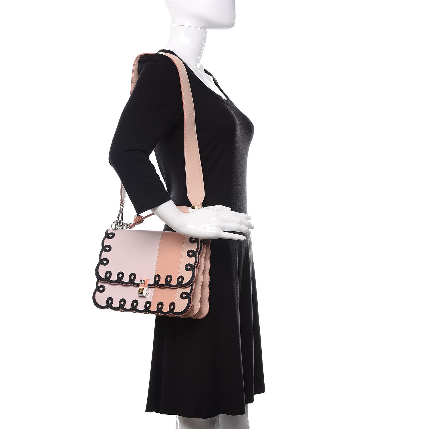 Fendi Vitello Dolce Scalloped Studded Scrollwork Kan I Shoulder Bag Plaster Black 2 of 12