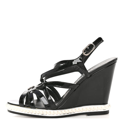 Chanel Patent Pearl CC Wedge Sandals 36.5 Black 1 of 9