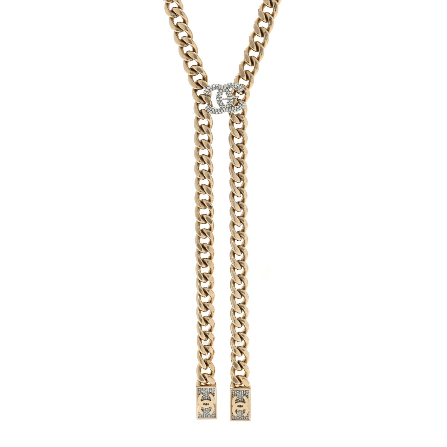 Chain Link Crystal CC Dog Tag Charm Necklace Gold