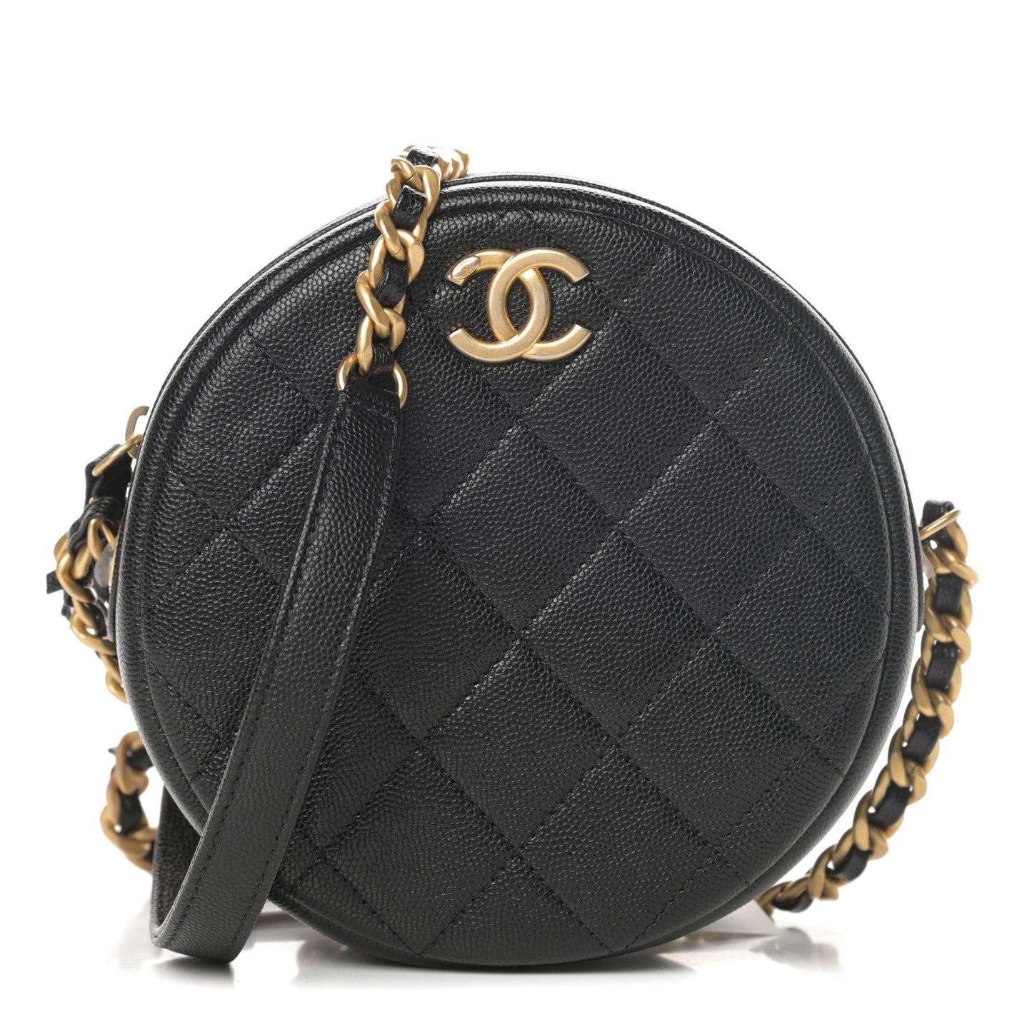 Caviar Quilted Small Round Bag With Chain Black