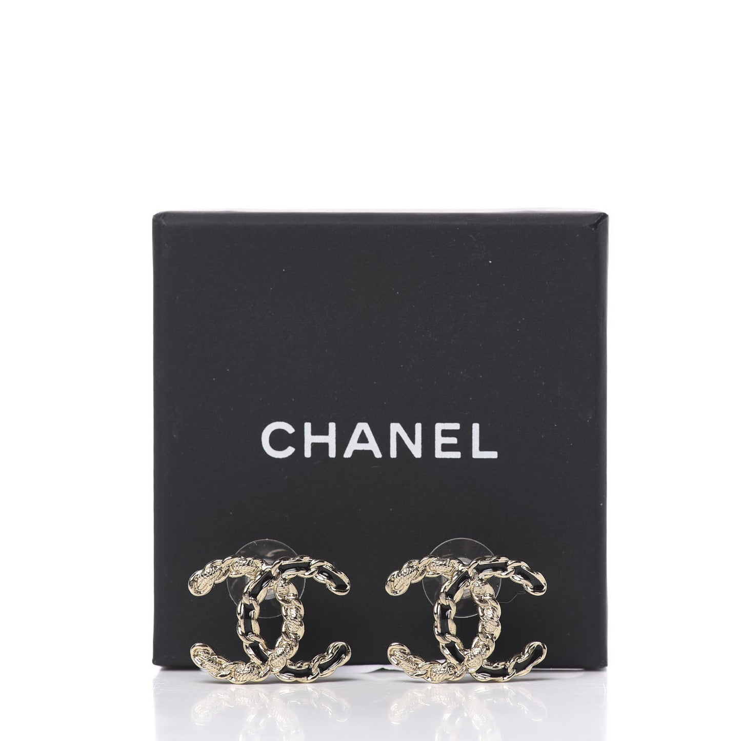Enamel Metal Chain French New Wave CC Earrings Black Gold