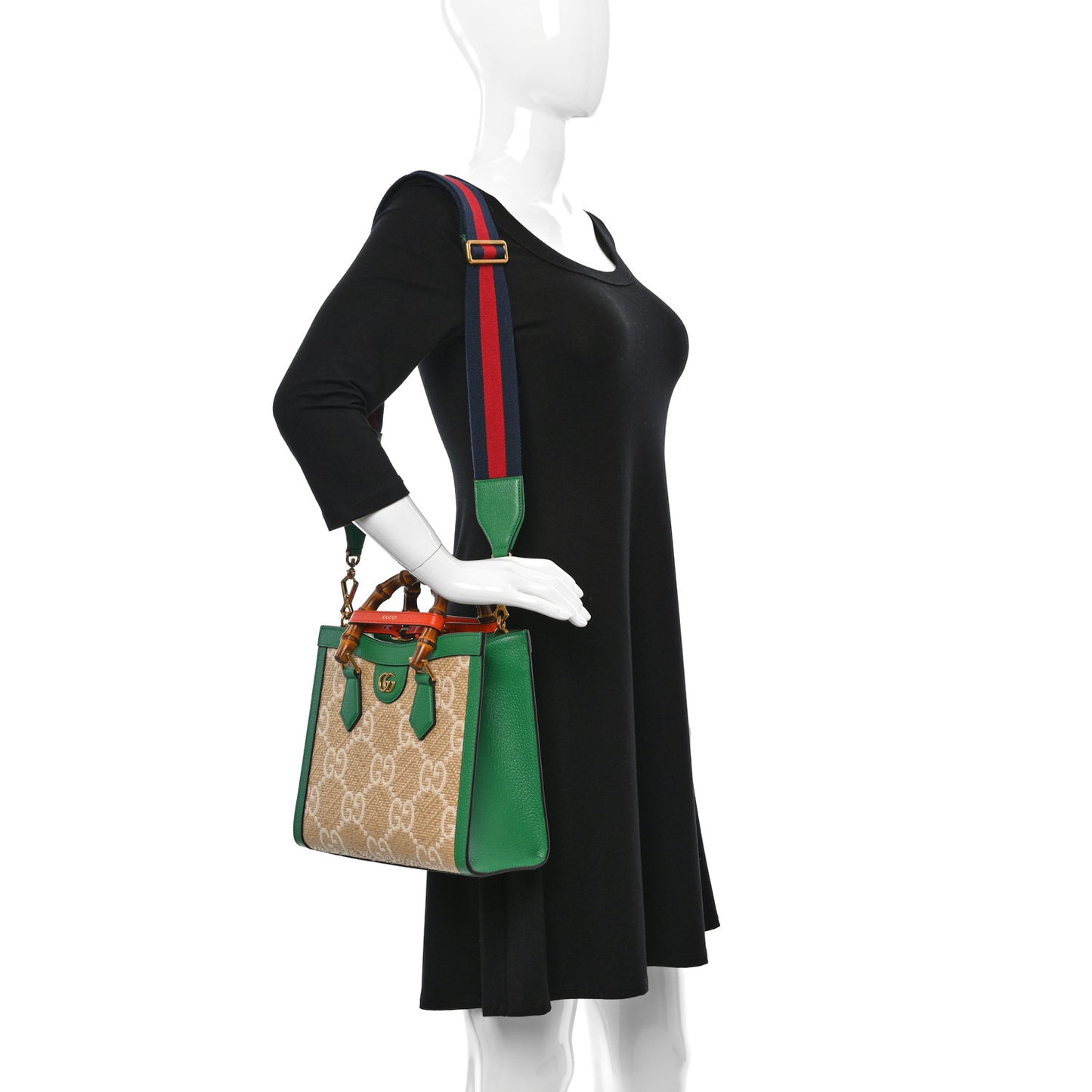Raffia Textured Dollar Calfskin Web GG Monogram Small Diana Tote Bag Natural White New Shamarock Deep Orange