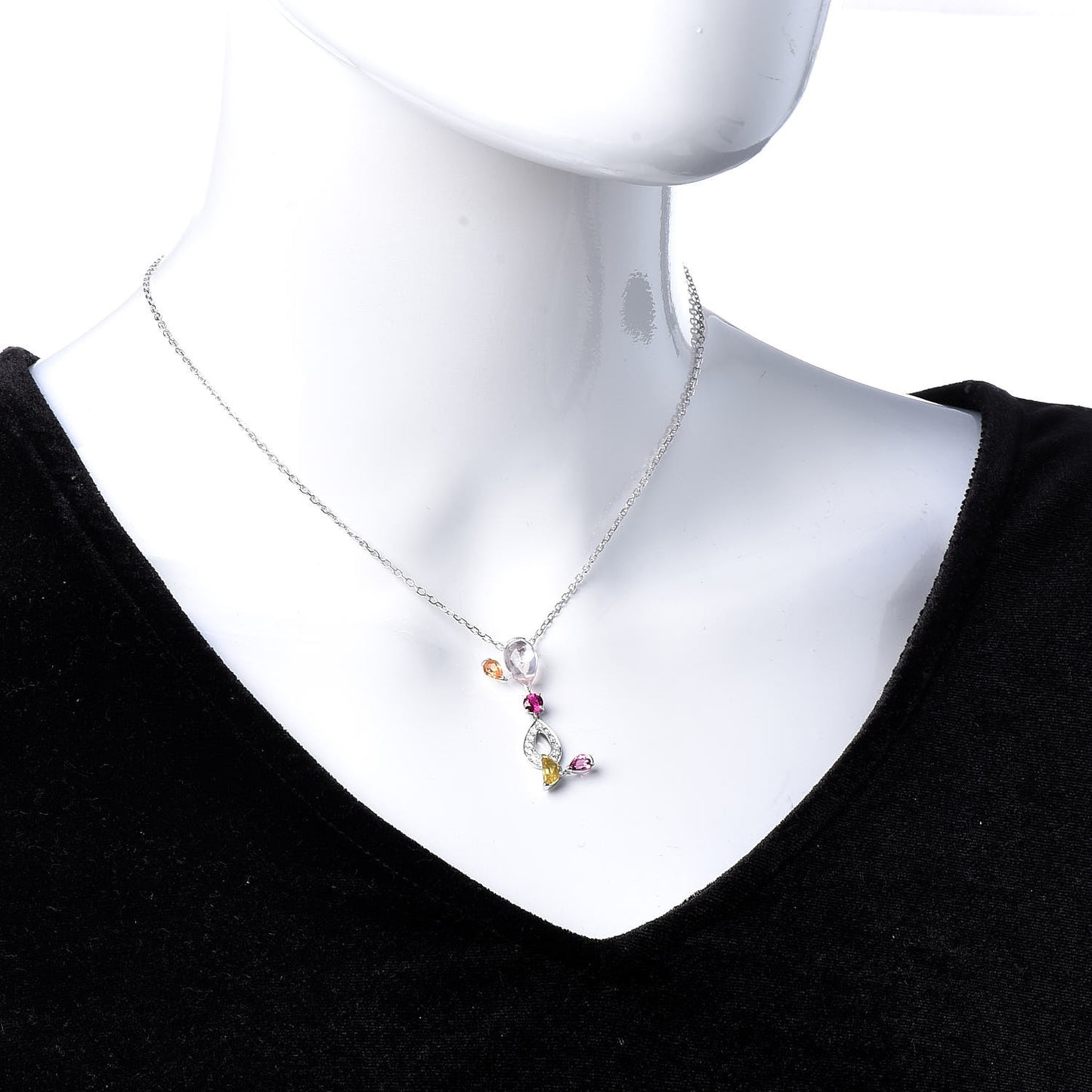 18K White Gold Diamond Rose Quartz Spessartine Garnet Citrine Pink Tourmaline Sorbet Pendant Necklace