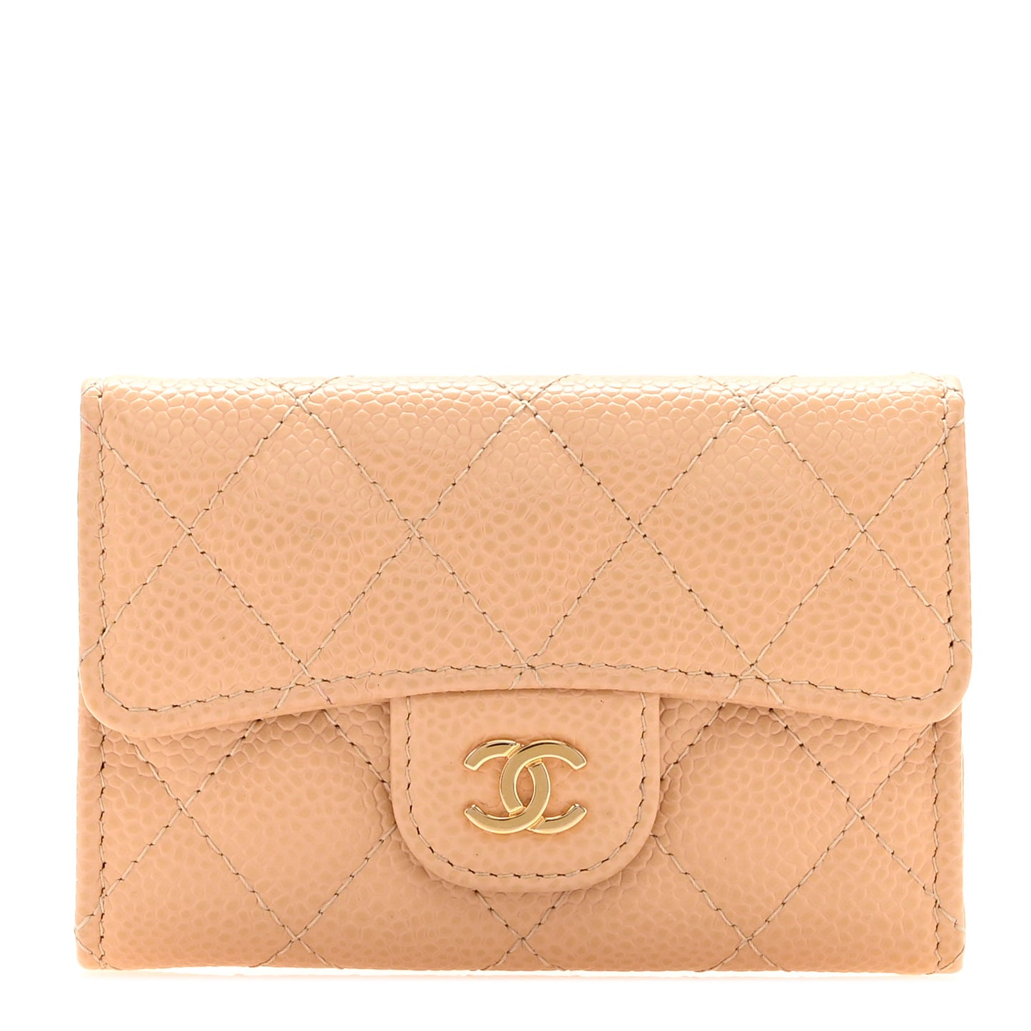 Caviar Quilted Flap Card Holder Wallet Beige