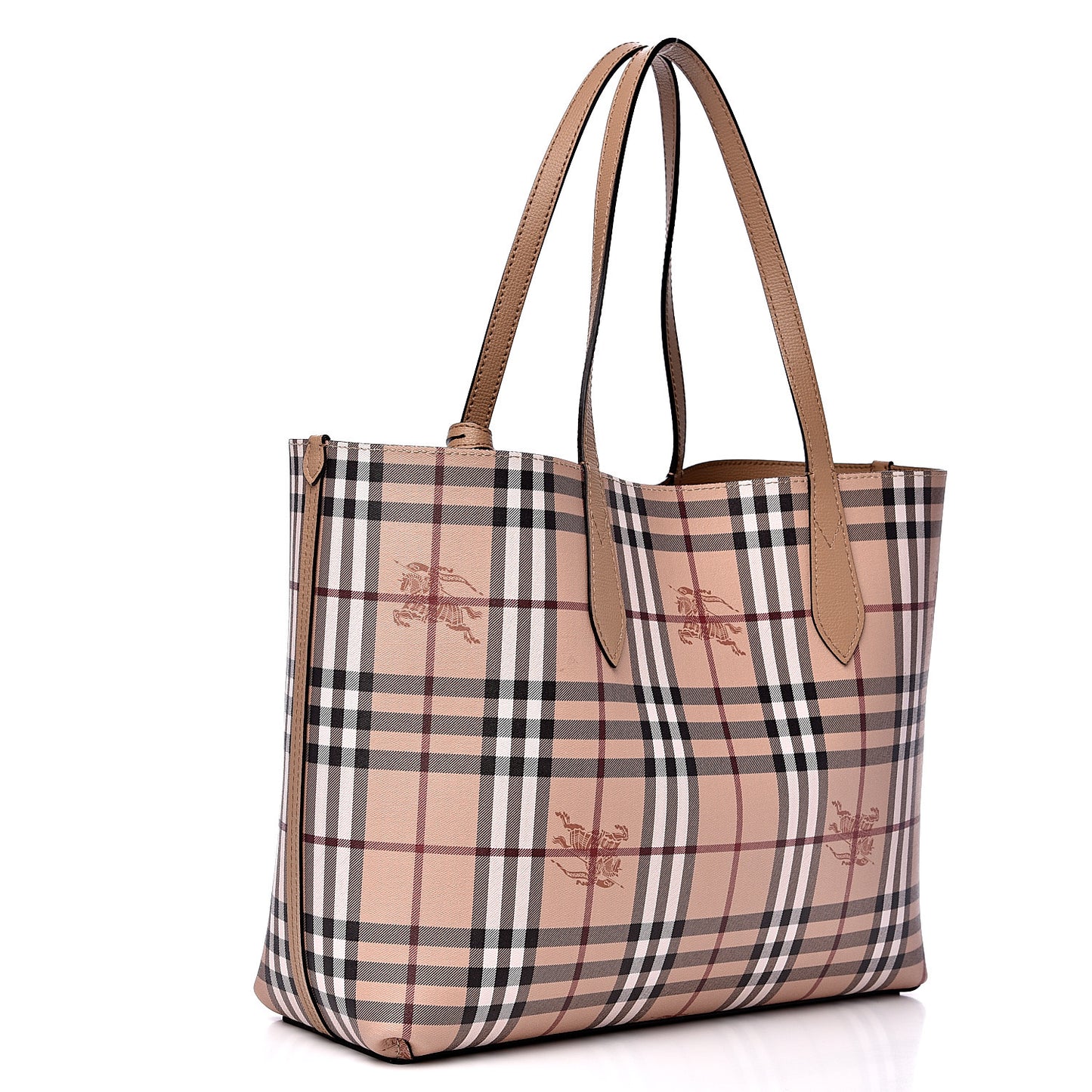 Grainy Calfskin Haymarket Check Medium Reversible Tote Mid Camel