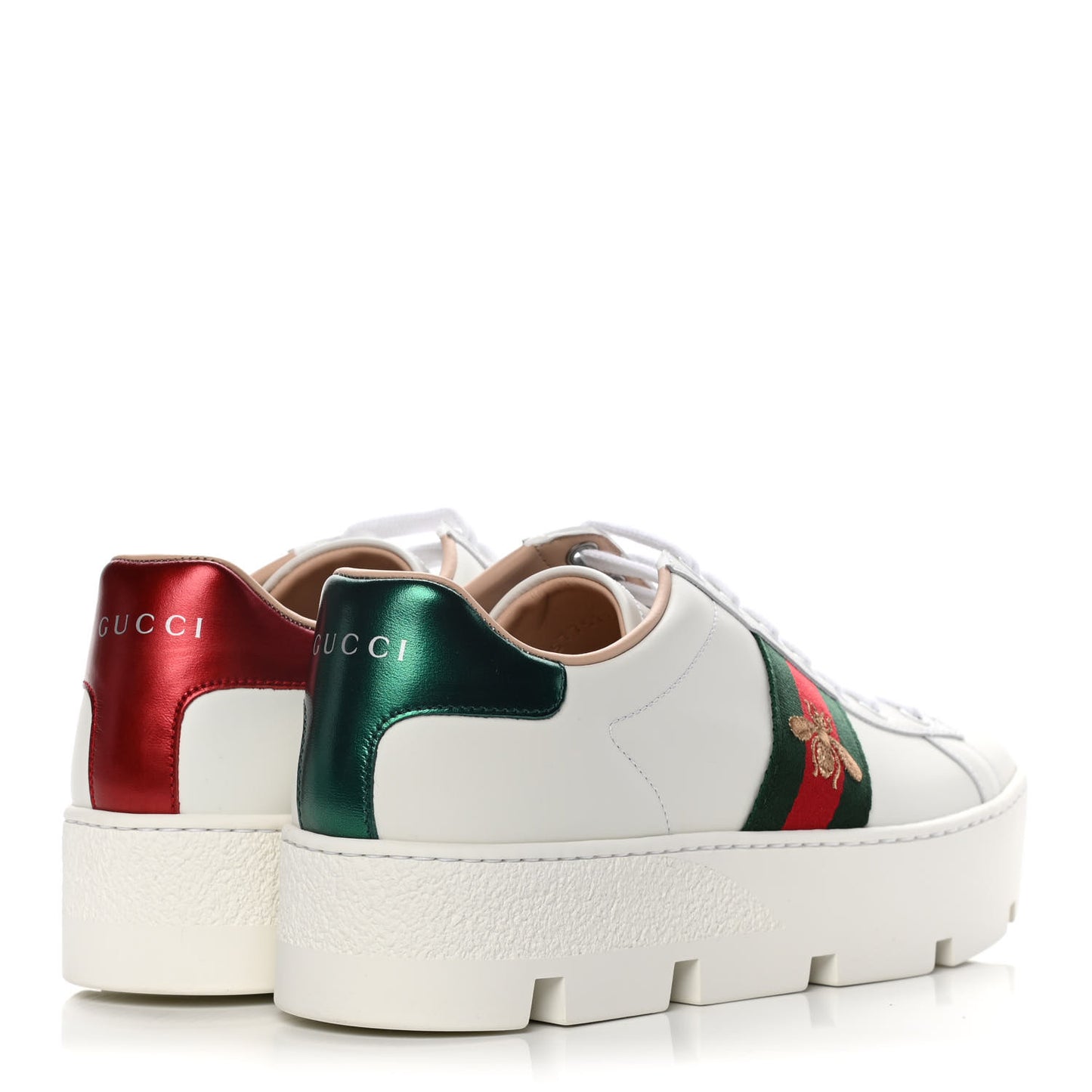 Calfskin Web Bee Embroidered Womens Ace Platform Sneakers 38.5 White