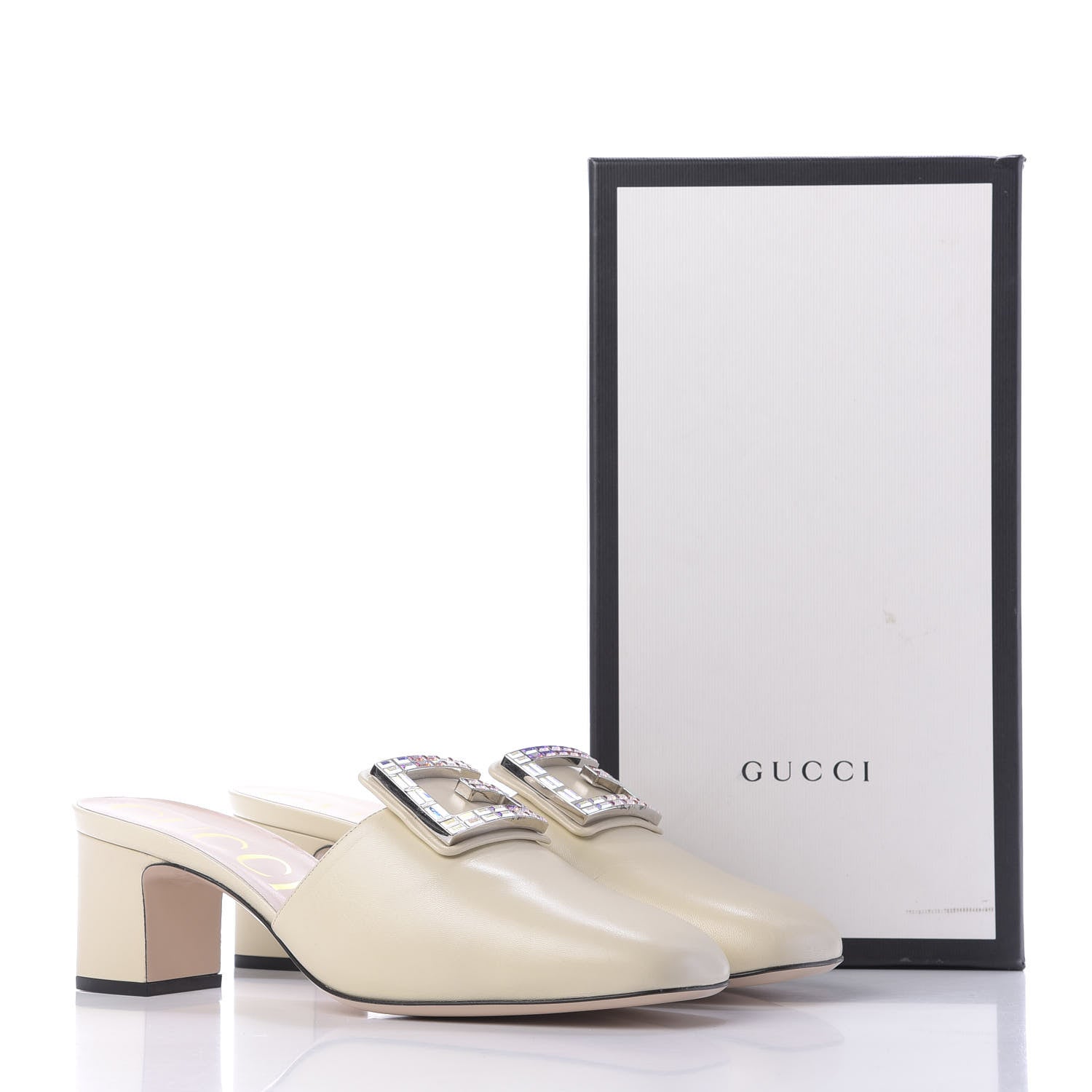 Gucci Malaga Kid Crystal Square G Madelyn Mules 42 Vintage White 12 of 12