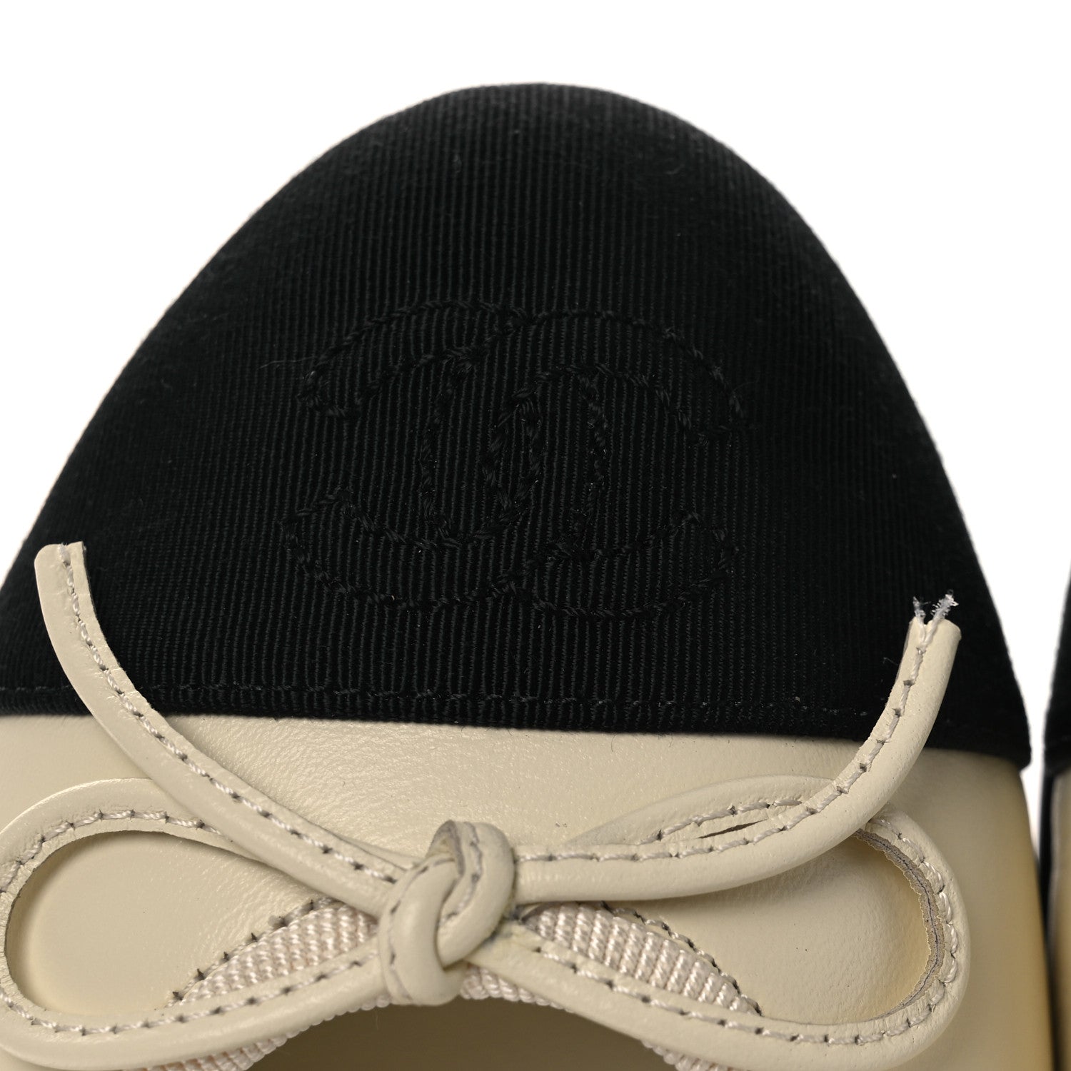 Chanel Calfskin Grosgrain Cap Toe CC Ballerina Flats 37 Ivory Black 11 of 12