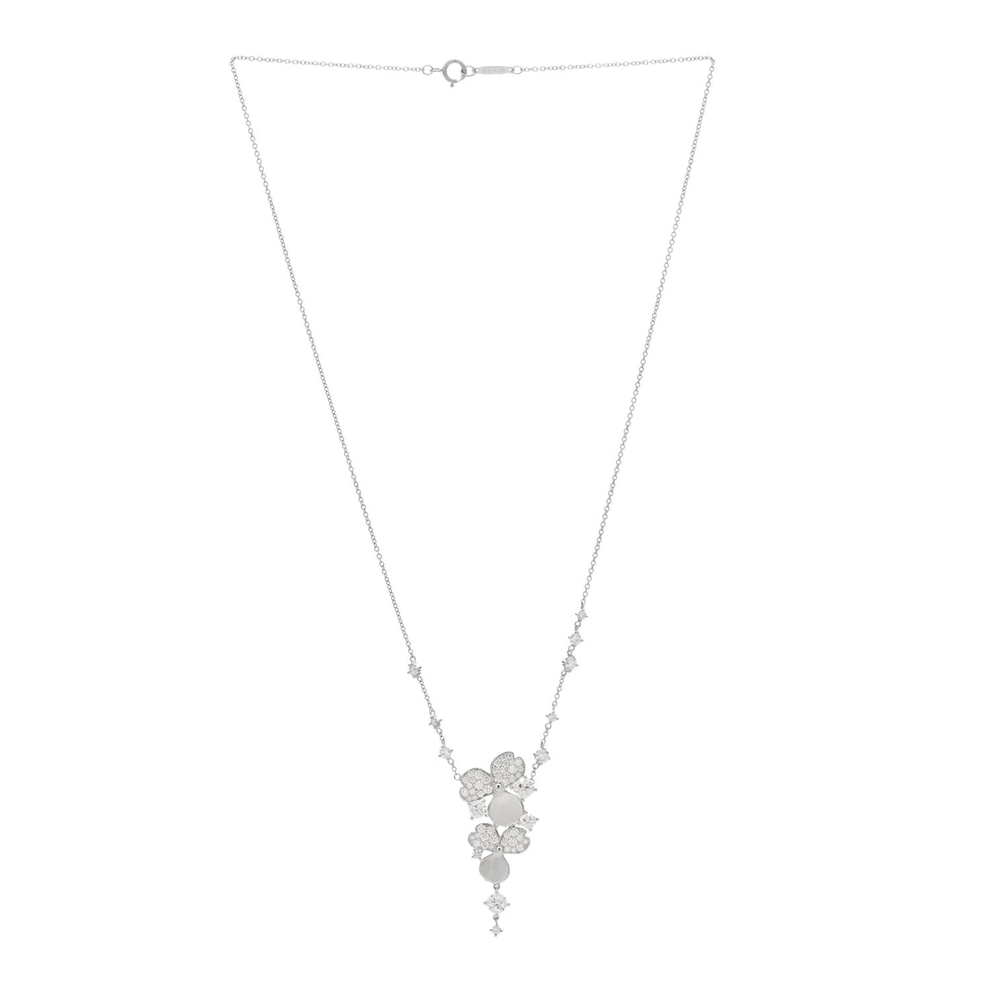 Platinum Diamond Paper Flowers Cluster Drop Pendant Necklace