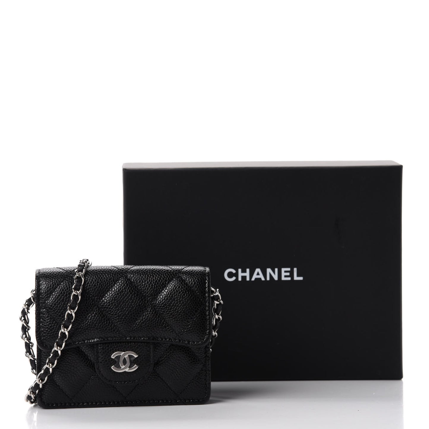 Caviar Quilted Flap Card Holder On Chain Black