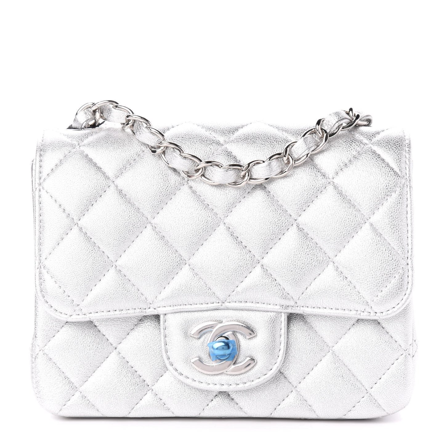 Metallic Lambskin Quilted Mini Square Flap Silver