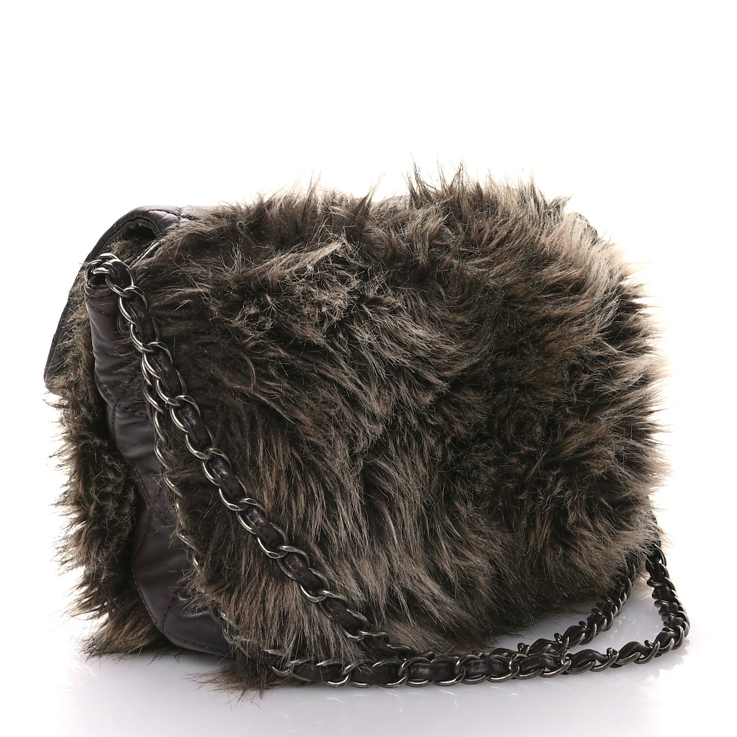 Lambskin Quilted Fantasy Fur Flap Brown