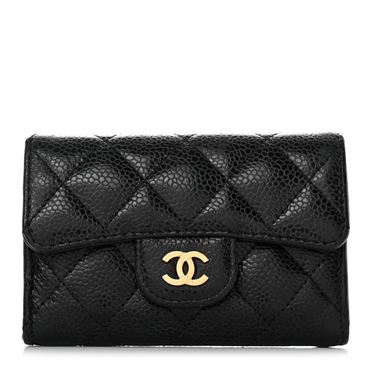 Caviar Quilted Flap Card Holder Wallet Black